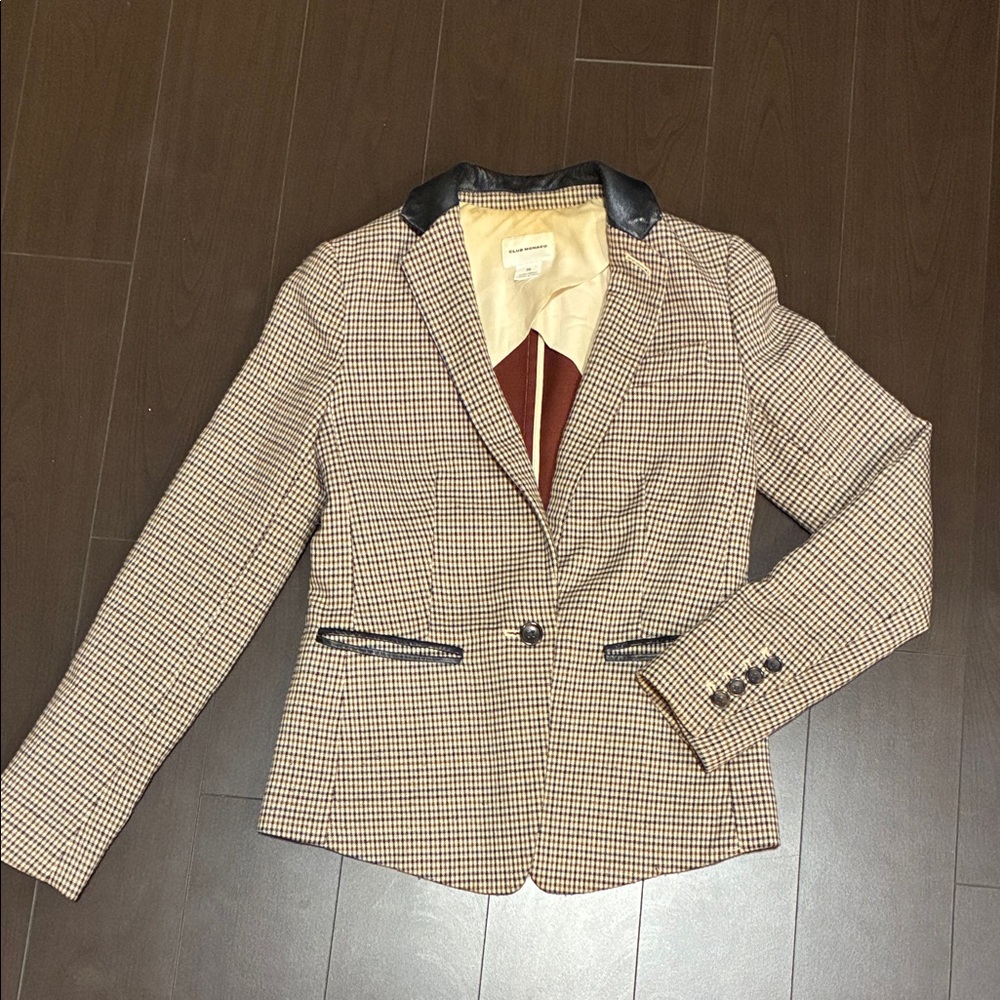 Vintage club Monaco houndstooth check heritage blazer w lambs leather collar 00